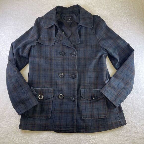 Large Forever 21 Peacoat Navy Tartan Plaid Pea Coat Double Breasted - Picture 1 of 10